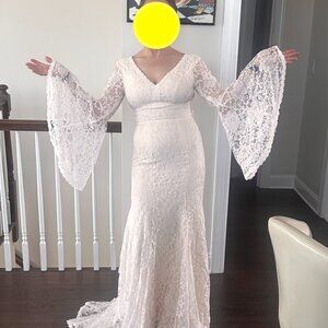 Boho Flared Sleeve Backless Lace Maxi Mermaid Dress